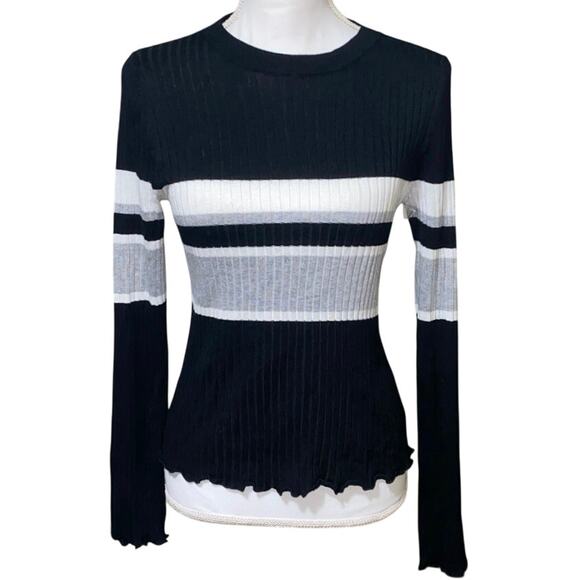 Society 212  Ribbed Long Sleeve Shirt Top Sz Large y2k 2000s 90s Stretch Ruffle - Picture 1 of 7